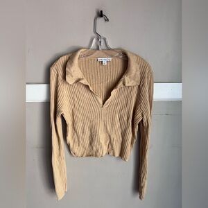 Brand New And Now This Cropped Ribbed V-Neck Sweater in Beige
